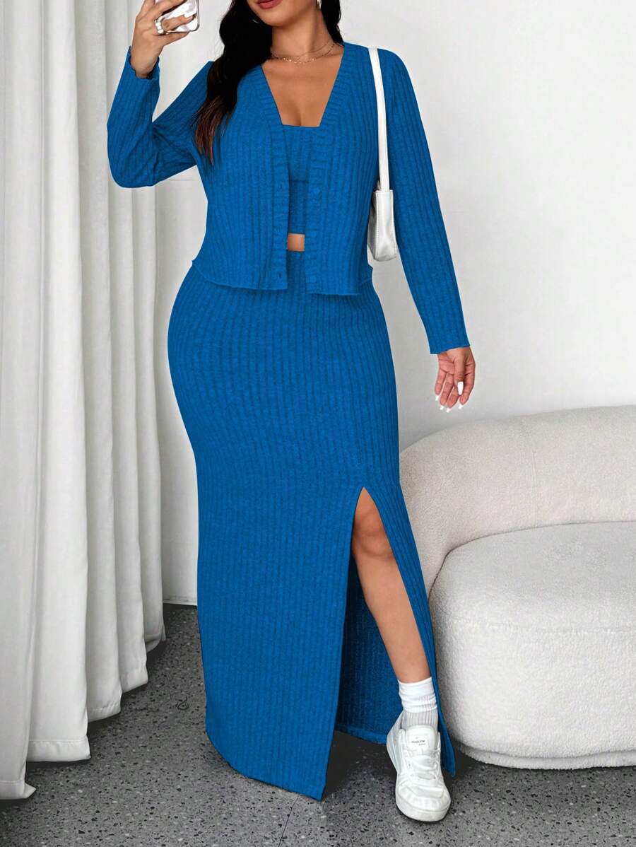 Flirla 3pcs/Set Women Plus Size Solid Color Striped Cardigan, Camisole And Skirt - Blue - View 1