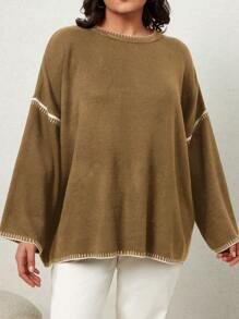 EURMUSE Plus Size Colorblock Trim Round Neck Long Sleeve Simple Casual Blouse - Camel - View 5