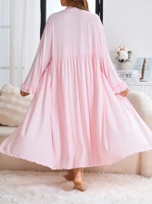 Plus Size Lace Patchwork Long Sleeve Minimalist Coat & Dress Loungewear Set, Vacation