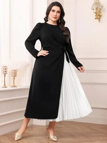 Modelyn Plus Size Solid Color Casual Everyday Dress, Simple And Fashionable Long Evening Dresses - Black and White - View 5