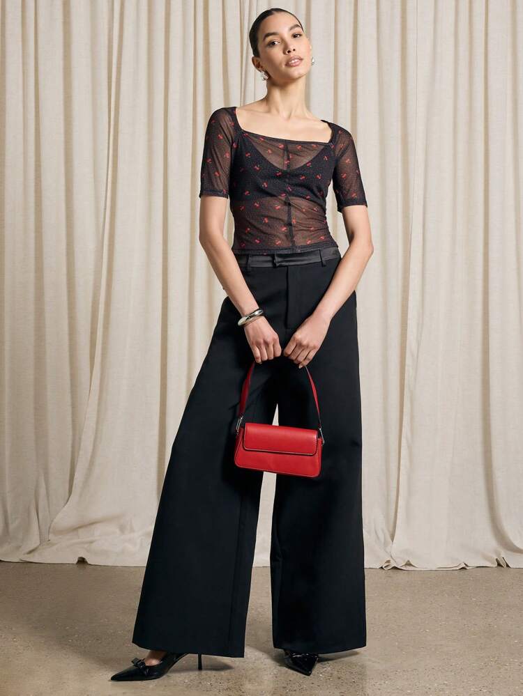 Mesh Cherry Print Valentines Top With Square Neck