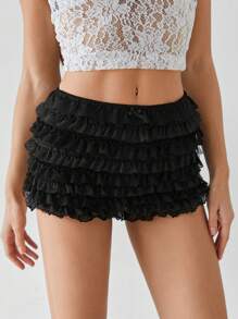SHEIN Tall Ladies' Multi-Layer Frill Hem Low-Rise Y2K Concert Going Out White Ruffle Shorts - Black - View 6