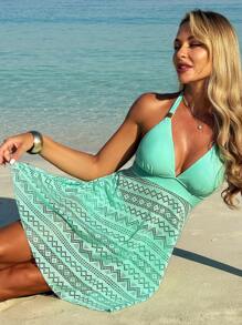 Swim Lushoire Women Ruffle Waist Backless Two-Piece Swimdress Summer - Mint Green - View 5