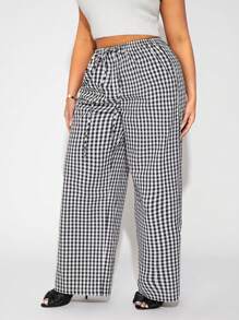 SHEIN SXY 大码女式低腰宽松修身高腰格子长裤 - 黑與白 - 查看 4