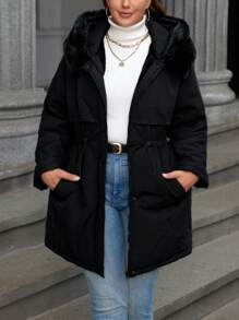 Flouryn Plus Size Hooded Jacket With Drawstring Waist And Furry Collar, For Casual Wear In Autumn/Winter Clothes Fall Cloth For Women - Black - View 4