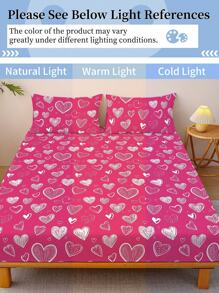 1pc Pink Hearts Fitted Sheet, Bedding, Mattress Protector, Bed Cover, Fitted Sheet, Comfortable Home Textile, Breathable Anti-Pilling Mattress Protector, Geometric Pattern Bed Cover, Home Decor, Fits All Bed Sizes, OEKO-TEX - Pink - View 8