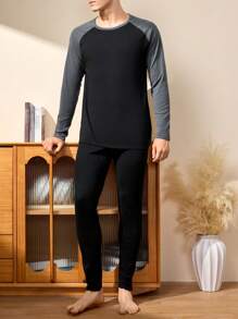 Set de 2 piezas Camisa y pantalones de traje cálido con cuello redondo y mangas raglan de color contrastante para hombre