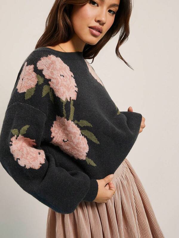 WESTFADE Country Western Floral Intarsia Boat Neck Long Sleeve Knit Sweater Casual Cute Back To School Clothes, Boho Outfit, Fall, Autumn, Winter