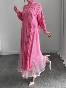 Chiquease 2 件套：高领厚毛衣和优雅薄纱裙套装，适合秋冬季 - 玫紅色 - 查看 4