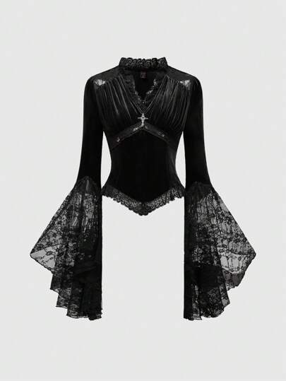 Dark Gothic Retro Palace Ruffled Waist Fitted Lace Patchwork V-Neck Flare Sleeve Women Blouse