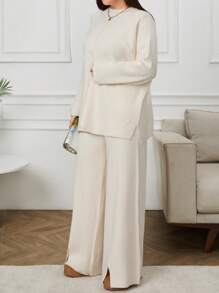 EURMUSE 大码女式纯色圆领长袖毛衣和阔腿针织裤套装，休闲装，秋冬 - 米色 - 查看 4