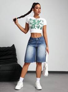 SHEIN PETITE 女士简约前扣口袋牛仔短裤，休闲日常穿着 - 藍色 - 查看 3