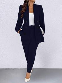 SHEIN Clasi Plus Size 2pcs Set - Simple Style Double-Breasted Blazer Jacket And Pants Suit, Suitable For Commuting, Autumn Graduation,Back To School,Teacher Outfits For Women Fall Cloth For Women Winter