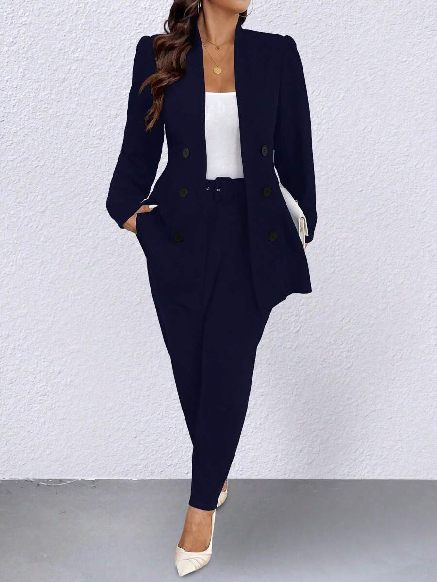 SHEIN Clasi Plus Size 2pcs Set - Simple Style Double-Breasted Blazer Jacket And Pants Suit, Suitable For Commuting, Autumn Graduation,Back To School,Teacher Outfits For Women Fall Cloth For Women Winter