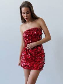 Aloruh Robe rouge courte minimaliste avec décoration de paillettes, robe de Noël et du Nouvel An - Rouge - Voir 7