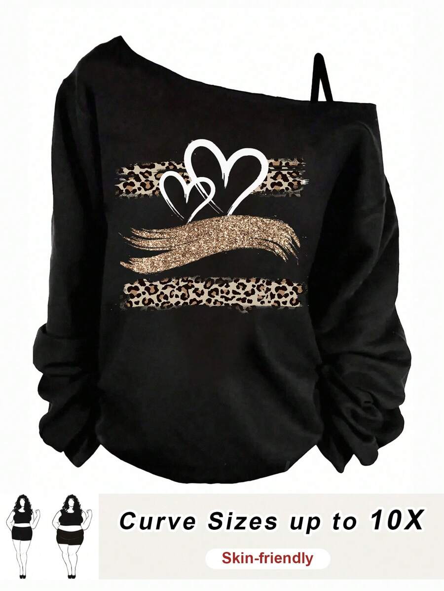 SHEIN CURVE+ 大码女士休闲简约爱心印花秋冬单肩带 T 恤