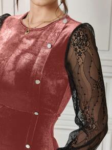 Modelyn Women Fitted Lace & Mesh Splice Long Sleeve Slit Dress Long Evening Dresses Fall Cloth For Women