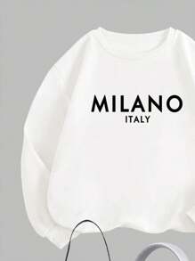 SHEIN Leap Crew 2 件 Tween Girl 休闲米兰印花运动衫和裤子套装，长袖加厚连帽衫配裤子，适合秋冬季 - 彩色 - 查看 3