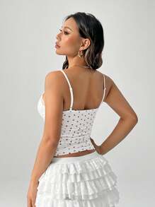 SHEIN PETITE Valentine's Day Women's Red Little Heart Printed Lace Splicing V-Neck Camisole Top ,Petite Women - White - View 2