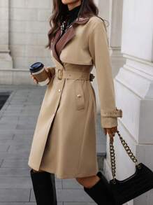 SHEIN Clasi Abrigo de gabardina para mujer con cintura entallada y cuello de cuadros, minimalista - Caqui - Ver 8