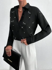 RueChic Dragonfly Pattern Stone Detailed Black Blouse - Black - View 6
