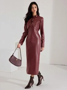 Heiryn 女士时尚纯色勃艮第红色皮革短款夹克搭配长裙 2 件套，秋冬 2 件套