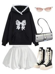 SHEIN EZwear 女士休闲蝴蝶结图案撞色蕾丝宽松运动衫连帽衫 - 黑色 - 查看 1