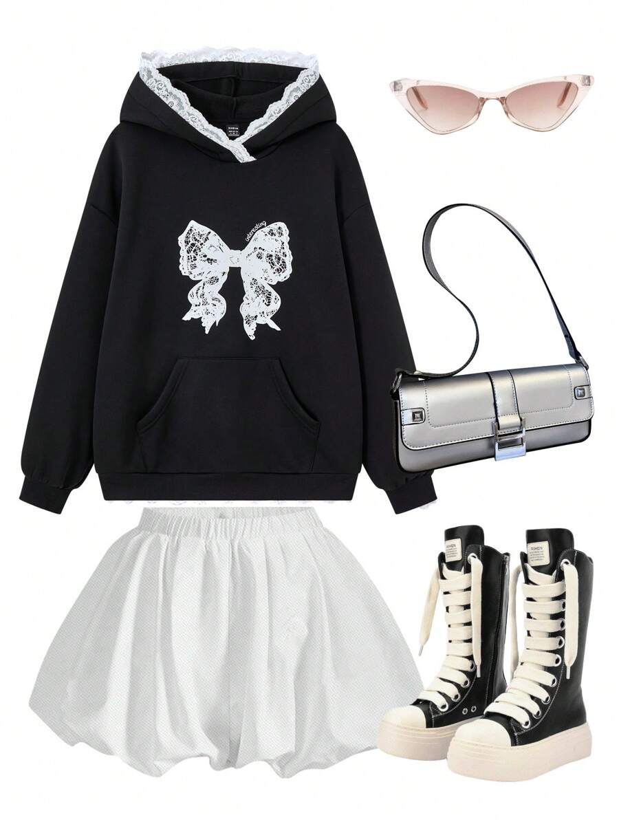 SHEIN EZwear 女士休闲蝴蝶结图案撞色蕾丝宽松运动衫连帽衫 - 黑色 - 查看 1