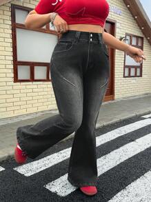 SHEIN ICON Plus Size Women's Front Button Pocket Simple Jeans, Casual Daily Wear