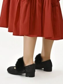 Girl's Black Furry High Heel Pumps, Suitable For Daily Wear - Black - View 2