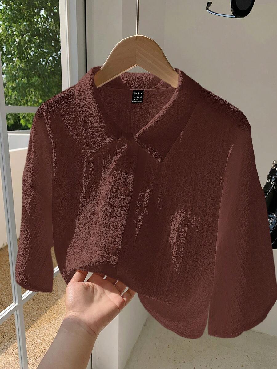 Comfortcana 女士纯色前排纽扣长袖休闲棕色衬衫，日常穿着 - 棕色 - 查看 1