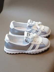 1 Pair Fashion Color Block Children's Sports Shoes, New Lace-Up Comfortable Casual Flats For Girls Daily Outdoor, Round Toe Flat Running Shoes For Boys, Suitable For Spring & Autumn (Size Runs Small)