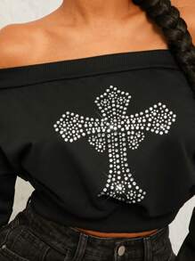 SHEIN SXY Sudadera corta off-shoulder con cruz negra decorada con rhinestones, otoño/invierno