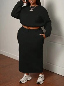Slaydiva Sports & Casual Solid Color Orange Long Sleeve Drawstring Adjustable Pullover Hoodie And Long Pocket Skirt Set, Women Plus Size, Autumn/Winter - Black - View 5