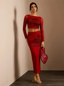 Glamine 2st/set Dam Blommönster Rundhalsad Långärmad Casual Topp & Kjol Set För Nyårskläder, Kjol Set - Röd - Visa 3