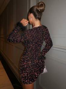 Glamine Vestido de fiesta corto, sexy y con escote de mujer hecho de piel sintética combinada