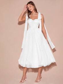 Enchnt Spring/Summer Romantic Women's White Pleated Bowknot Shoulder Shinny Mesh Princess Maxi Dress,Sweet&Elegant For Valentine's Day&Birthday&Holiday Party&Sweet Date Night&Prom& Wedding Dress&Graduation Season&Vacation