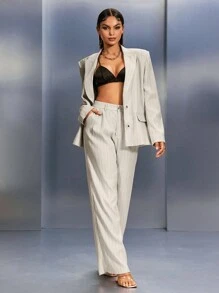 SHEIN SXY 秋季女装；办公室女装；宽松休闲条纹宽肩舒适休闲时尚两件套西装 - 杏色 - 查看 1