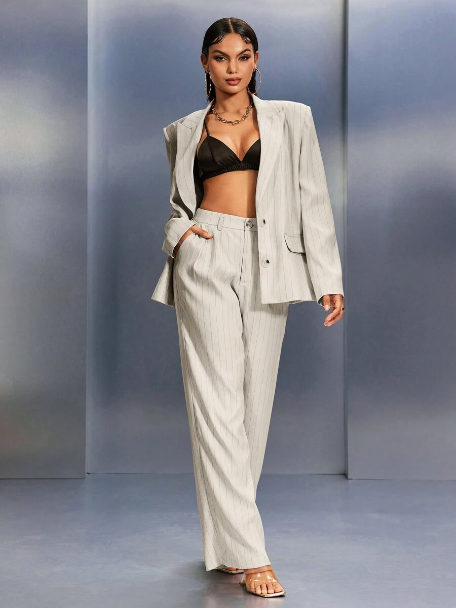 SHEIN SXY 秋季女装；办公室女装；宽松休闲条纹宽肩舒适休闲时尚两件套西装 - 杏色 - 查看 1