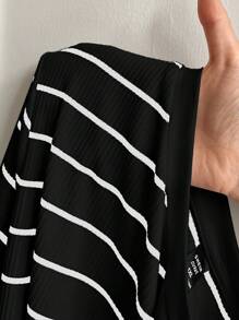 SHEIN EZwear Plus Size Women's Heart Embroidery Striped Knit T-Shirt, For Summer - Black - View 7