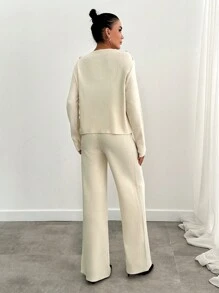 EURMUSE All White Zipper Cardigan And Pant Knit Set - White - View 2