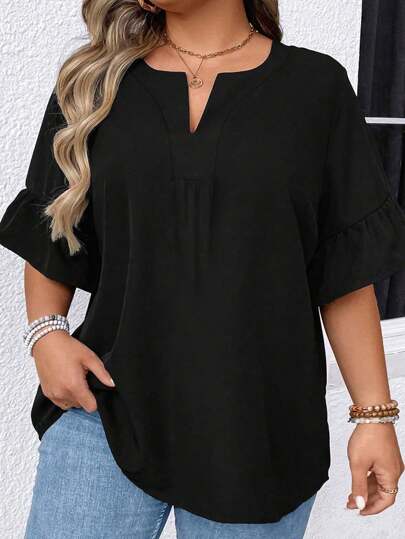 EMERY ROSE Plus Size Summer Solid Color Notched Collar Shirt With Ruffled Sleeves
