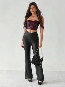 SHEIN Tall 情人节女士露肩 PU 弹力皮革背心上衣 - 酒紅色 - 查看 6