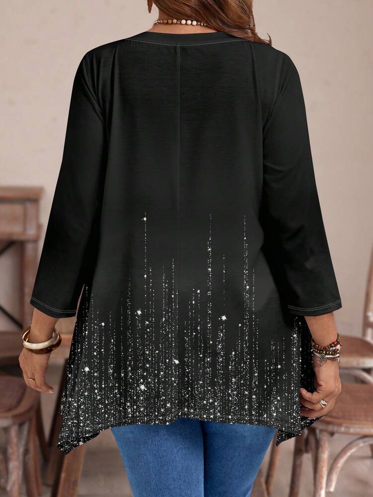 Casual Loose Fit Glittery Graphic Open Cardigan T-Shirt For Women, Suitable For Autumn And Winter