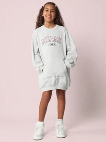 SUMWON Tween Girls Comfy Seamed Sweatshirts Dress With Miami Graphic Print - Light Grey - View 6