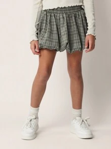 SUMWON Tween Mädchen bequemes langärmliges Ripp-Shirt mit kariertem Minirock mit Puffärmeln 2-teiliges Set