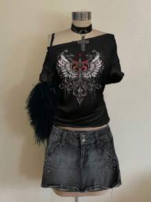 Attitoon 休闲朋克风格翼印花宽松女式 T 恤 - 黑色 - 查看 3