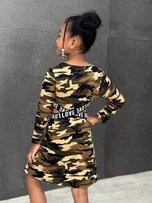 Girls Casual Versatile Sport Classic Camouflage Round Neck Long Sleeve Waist Cross Letter Ribbon Cropped Dress - Army Green - View 2