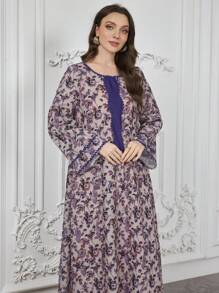 Al Najma Vestido con escote redondo, estampado con flores mixtas y ribete de color liso, con pañuelo para la cabeza, modesto