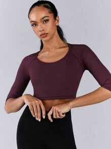 Athîral Top casual deportivo sólido de manga larga, cuello redondo, espalda abierta y diseño sencillo para mujer